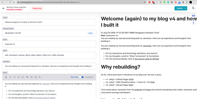 The Netlify web editor I wrote this blog post in. Netlify CMS Screenshot